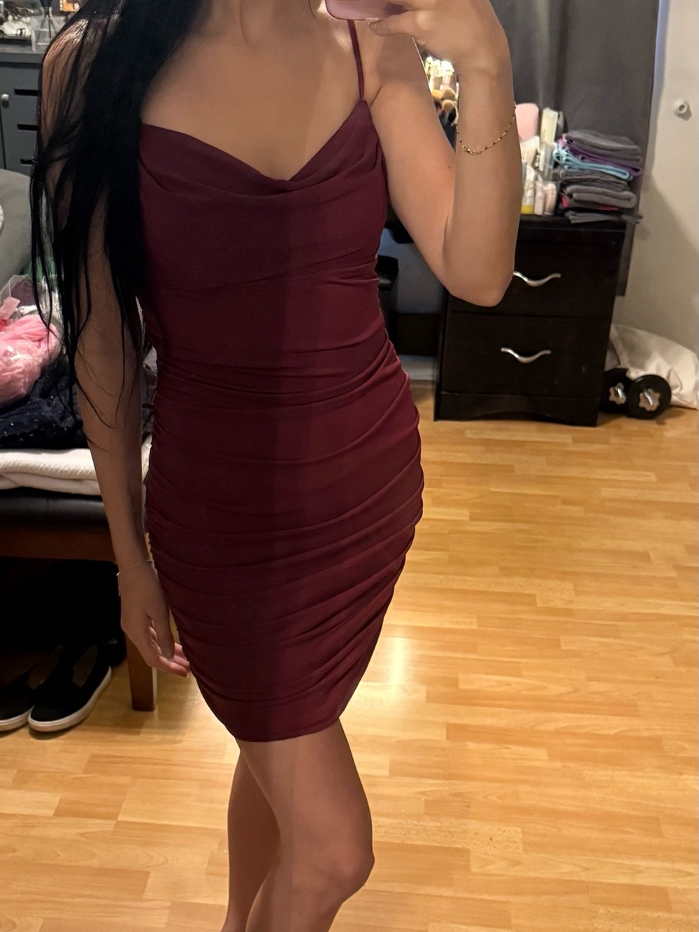 Emerald Sundae Wine-Red Ruched Slip Dress